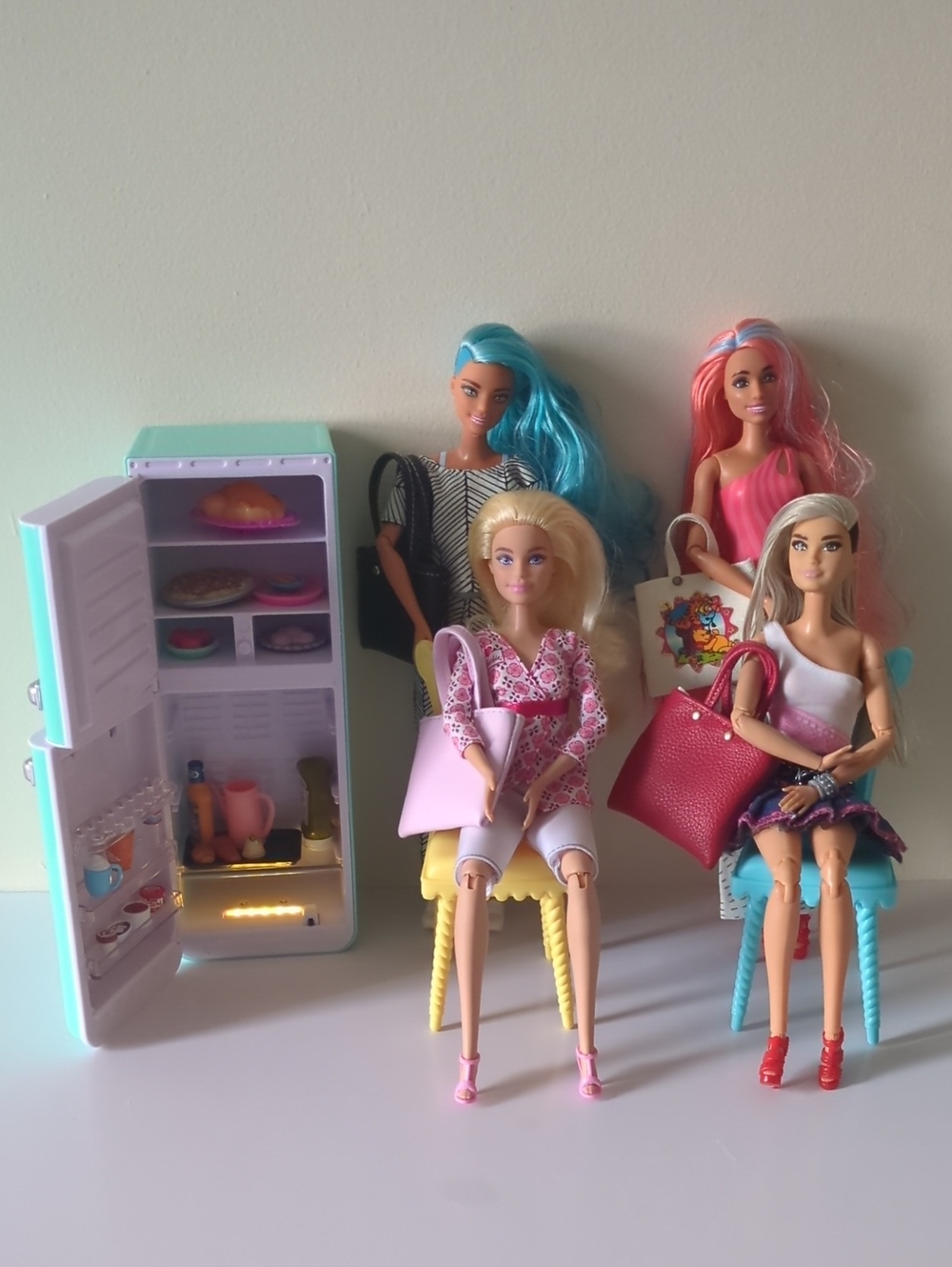 lot of 4 Articulated Barbies dolls and Mini Fridge Accessory